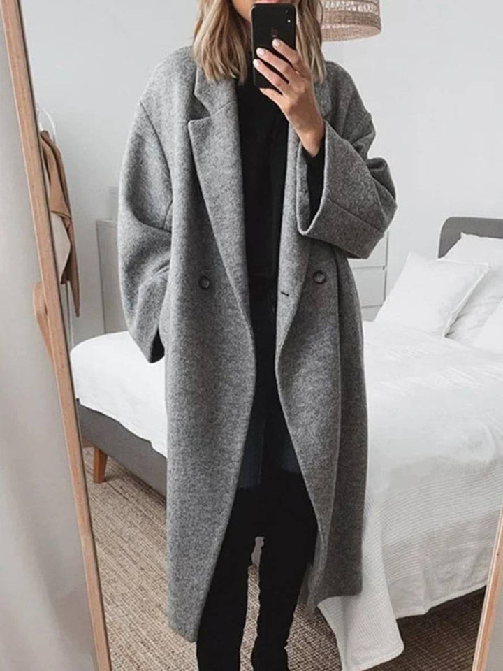 Levoire | Manteau En Laine Long Boutons Simples Poches Revers Épaules Tombantes Femmes Élégant Décontracté Ample Veste Gris