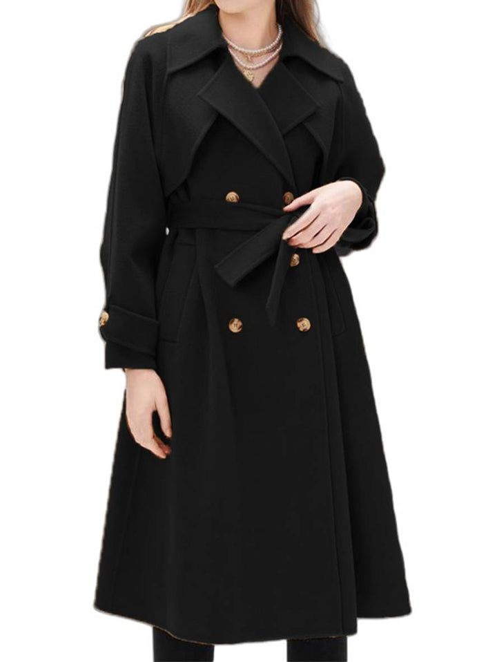 Levoire | Mi-Long Manteau En Laine Avec Double Boutonnage Poches Ceinture Femme Élégant Casual Surdimensionné Noir