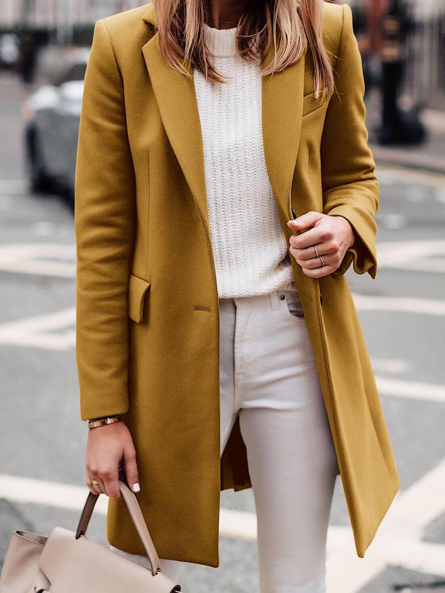 Levoire | Manteau En Laine Uni À Boutons Et Mailles À Manches Longues Pour Femmes Élégant Décontracté Mode Veste Jaune