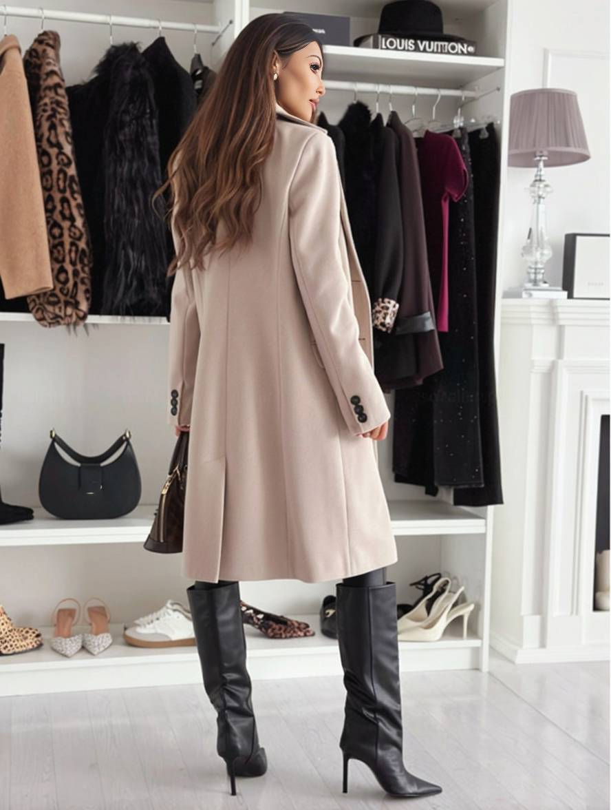 Levoire | Manteau Mi-Long Uni Boutons Poches Col Boutonné Manches Longues Femmes Élégant Décontracté