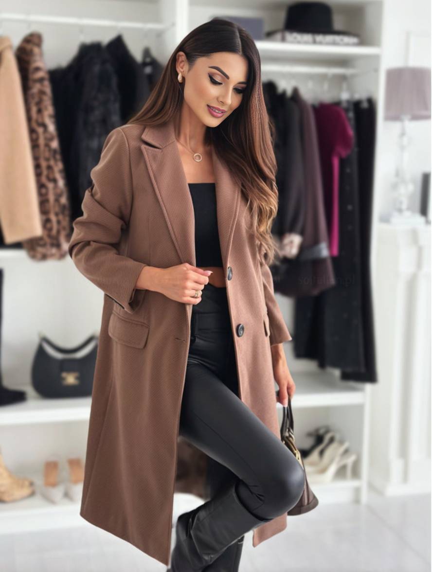 Levoire | Manteau Mi-Long Uni Boutons Poches Col Boutonné Manches Longues Femmes Élégant Décontracté Café