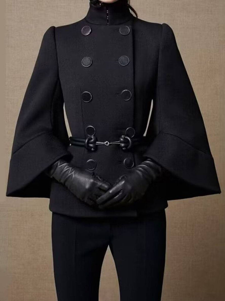 Levoire | Poncho-Manteau Mi-Long Femme Croisé Col Haut Manches Chauve-Souris Élégant Vintage Veste Courte Noir