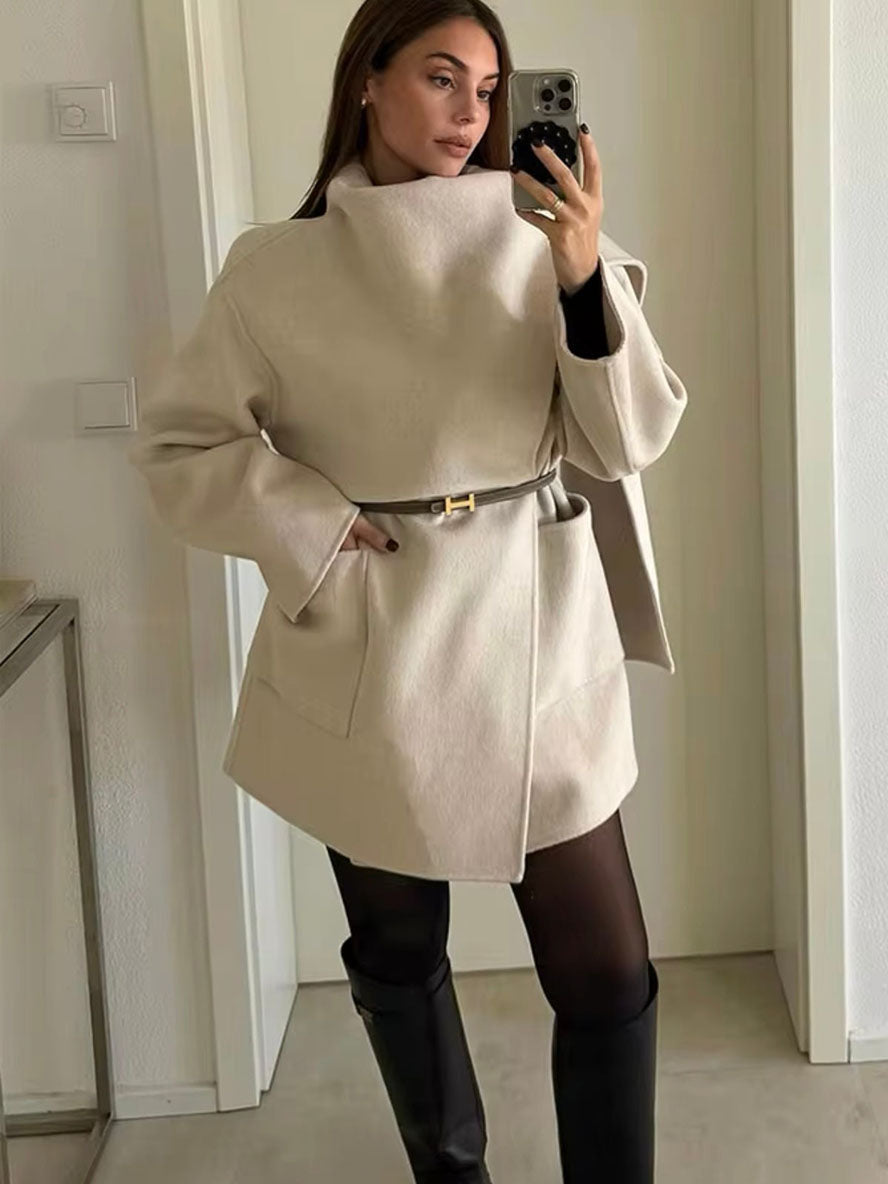 Levoire | Manteau Mi-Long Avec Poches En Écharpe En Laine Irregulières À Manches Longues Femme Élégant Décontracté Ample Blanc
