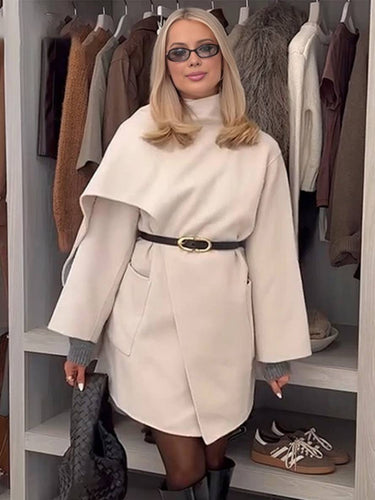 Levoire | Manteau Mi-Long Avec Poches En Écharpe En Laine Irregulières À Manches Longues Femme Élégant Décontracté Ample
