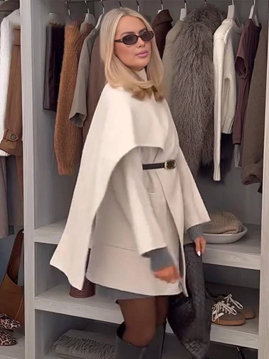 Levoire | Manteau Mi-Long Avec Poches En Écharpe En Laine Irregulières À Manches Longues Femme Élégant Décontracté Ample