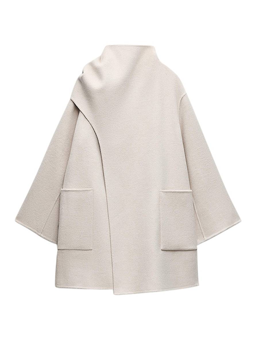 Levoire | Manteau Mi-Long Avec Poches En Écharpe En Laine Irregulières À Manches Longues Femme Élégant Décontracté Ample