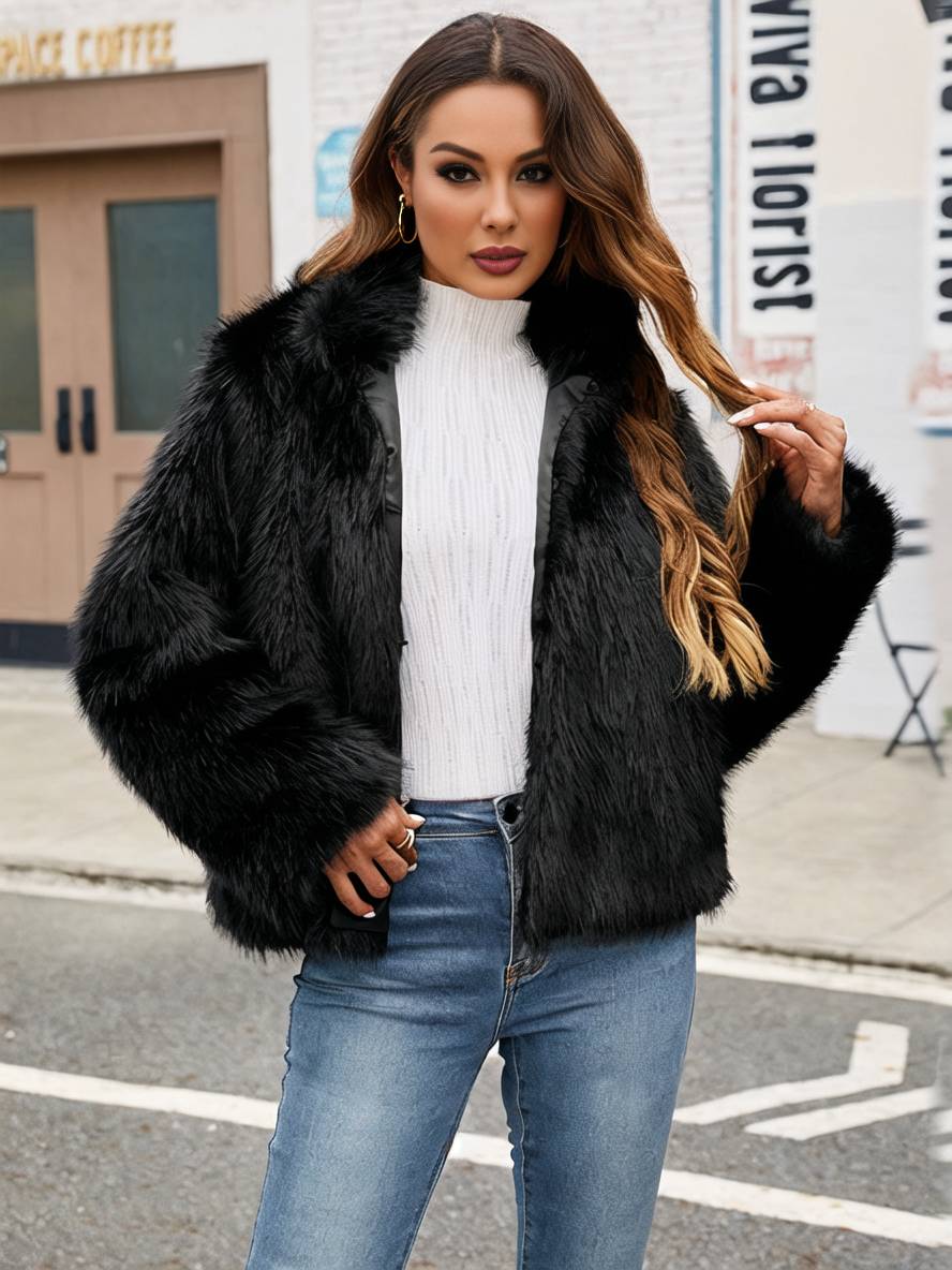 Levoire | Manteau En Fausse Fourrure Uni Col Montant Poches Manches Longues Femme Élégant Décontracté Hiver Veste Noir