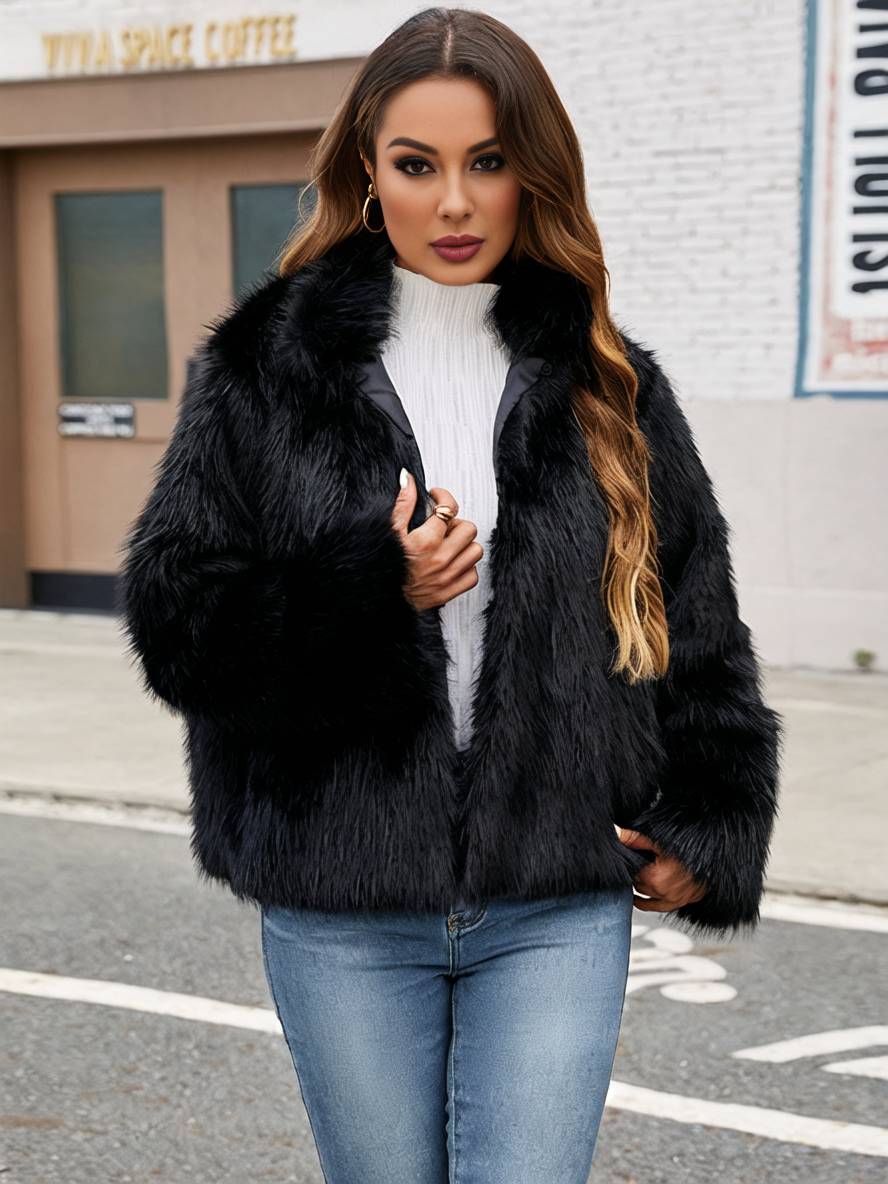 Levoire | Manteau En Fausse Fourrure Uni Col Montant Poches Manches Longues Femme Élégant Décontracté Hiver Veste