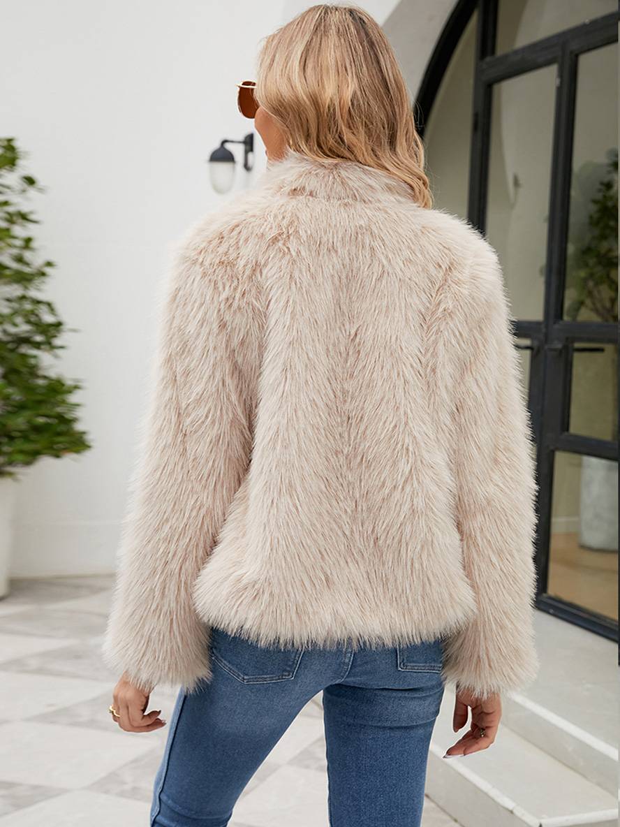 Levoire | Manteau En Fausse Fourrure Uni Col Montant Poches Manches Longues Femme Élégant Décontracté Hiver Veste