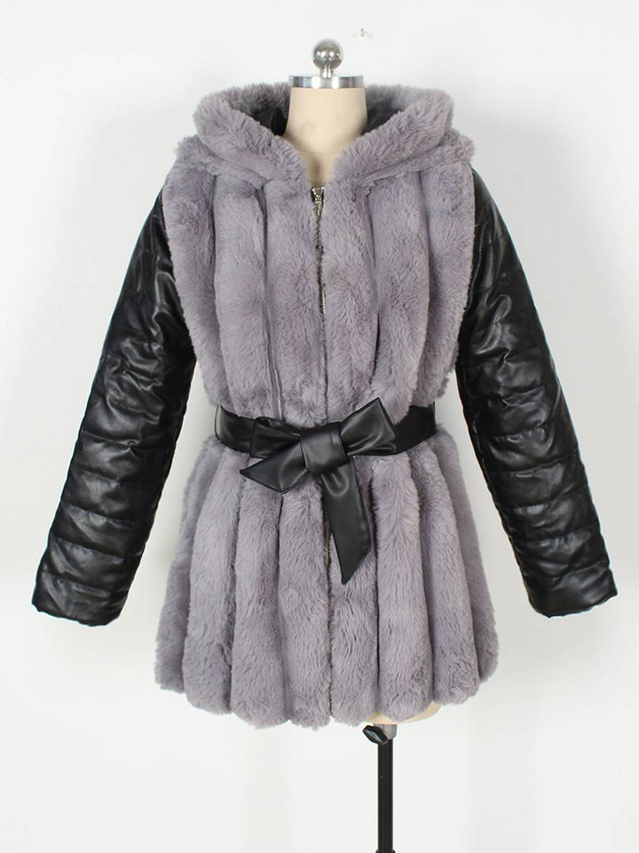 Levoire | Manteau Mi-Long En Fausse Fourrure Avec Capuche, Fermeture Éclair, Poches, Ceinture, Femme, Manteau D'Hiver Décontracté Ample