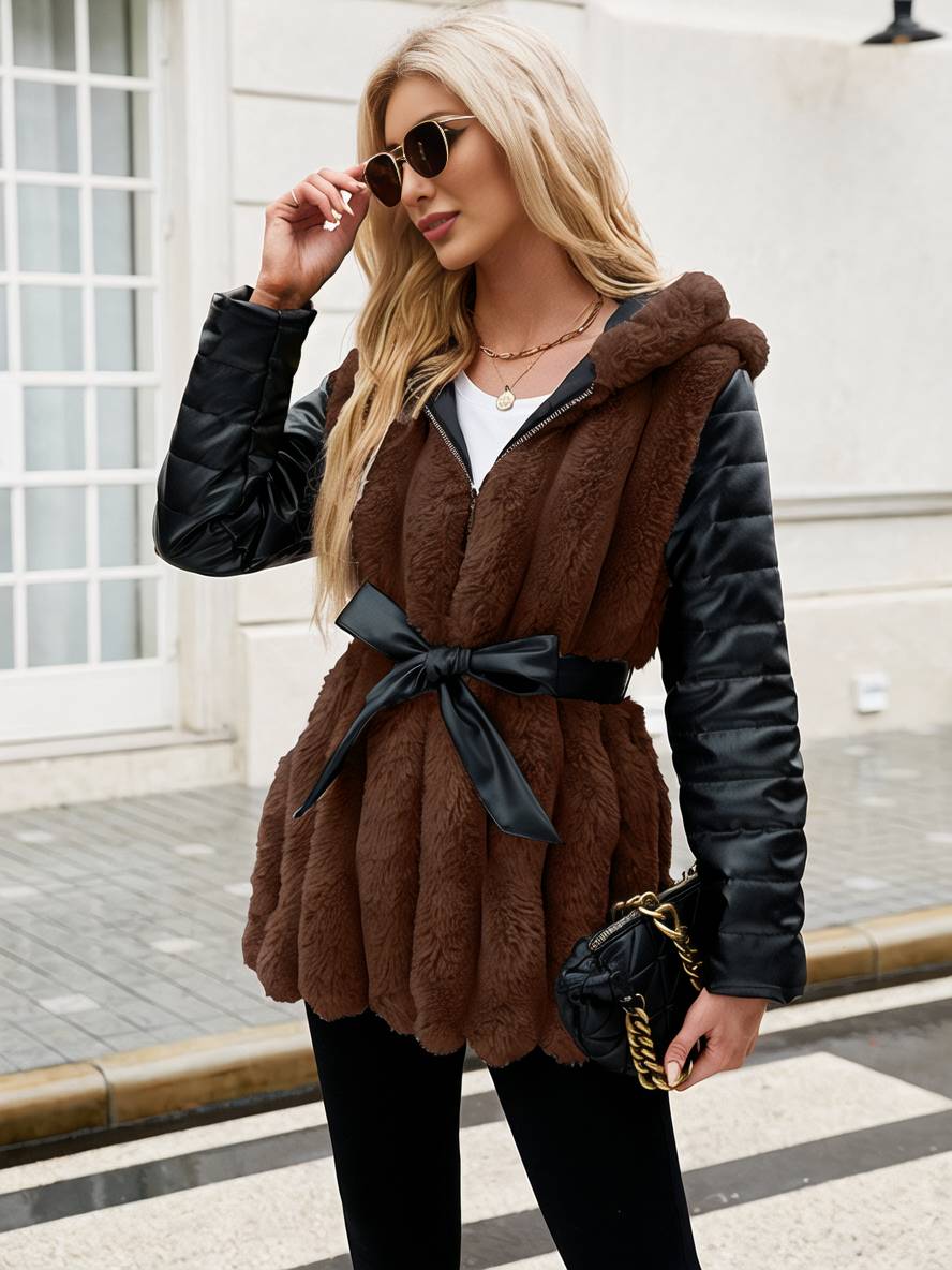Levoire | Manteau Mi-Long En Fausse Fourrure Avec Capuche, Fermeture Éclair, Poches, Ceinture, Femme, Manteau D'Hiver Décontracté Ample