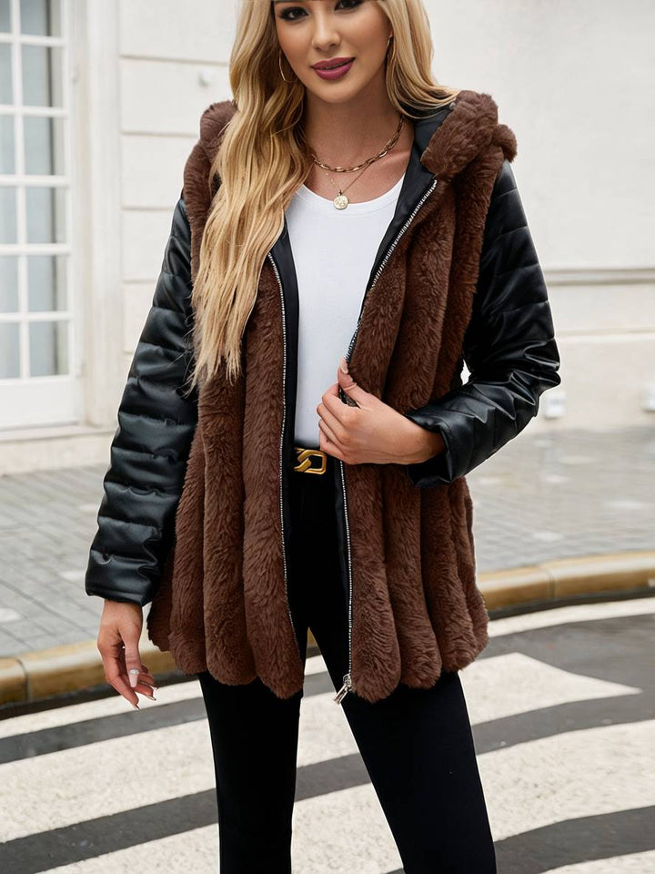 Levoire | Manteau Mi-Long En Fausse Fourrure Avec Capuche, Fermeture Éclair, Poches, Ceinture, Femme, Manteau D'Hiver Décontracté Ample
