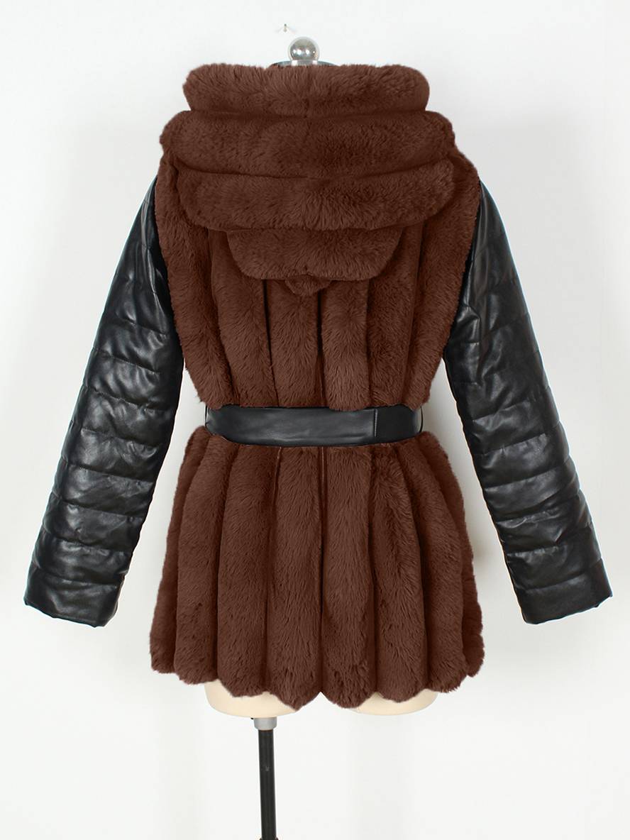 Levoire | Manteau Mi-Long En Fausse Fourrure Avec Capuche, Fermeture Éclair, Poches, Ceinture, Femme, Manteau D'Hiver Décontracté Ample