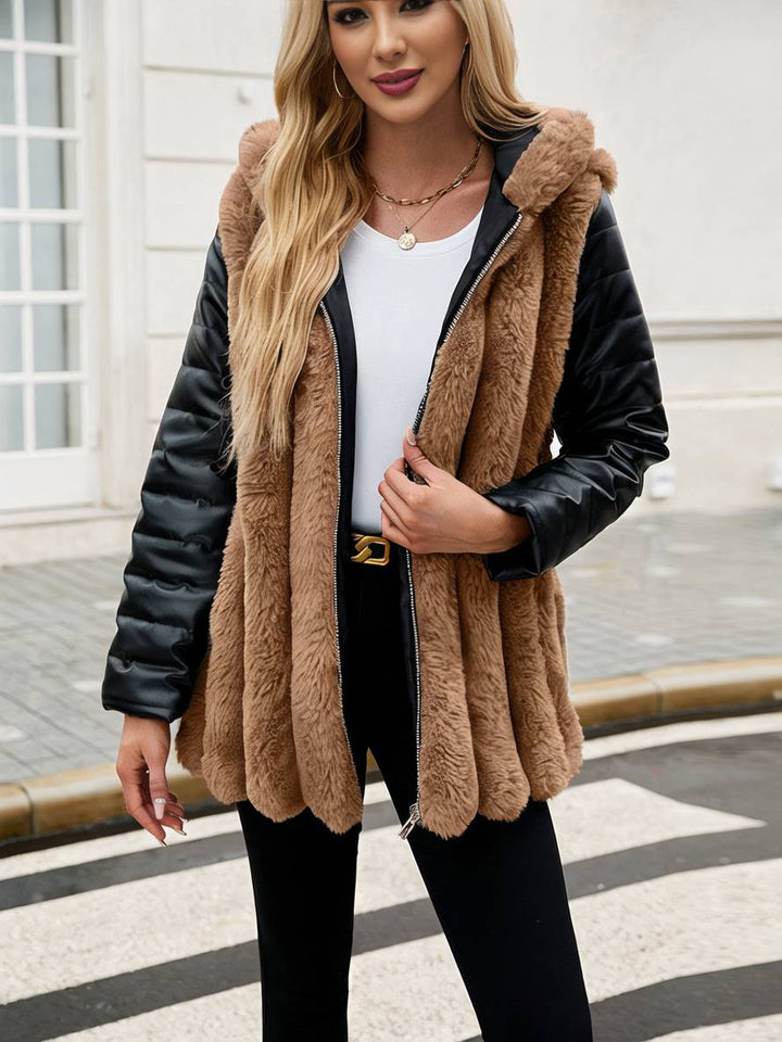 Levoire | Manteau Mi-Long En Fausse Fourrure Avec Capuche, Fermeture Éclair, Poches, Ceinture, Femme, Manteau D'Hiver Décontracté Ample