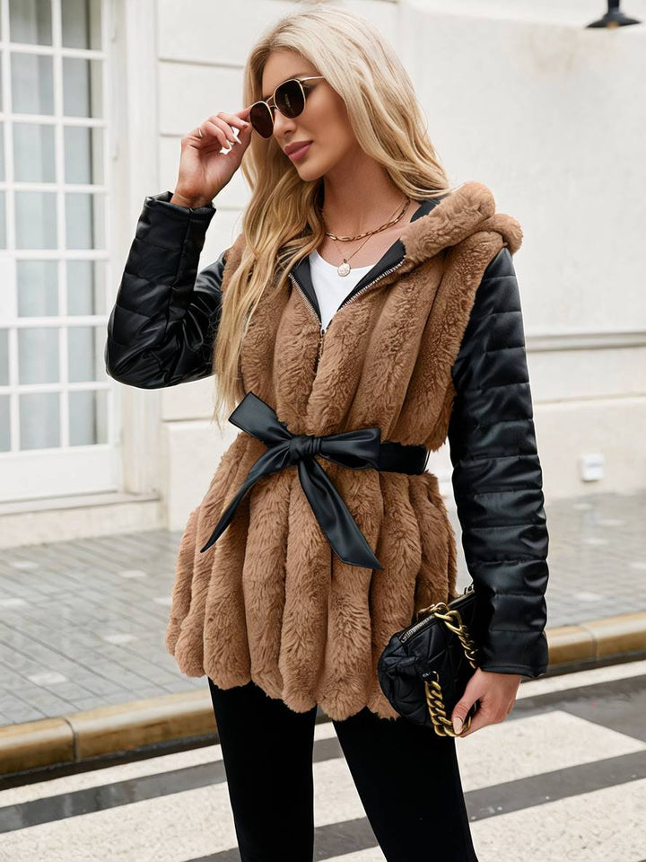 Levoire | Manteau Mi-Long En Fausse Fourrure Avec Capuche, Fermeture Éclair, Poches, Ceinture, Femme, Manteau D'Hiver Décontracté Ample
