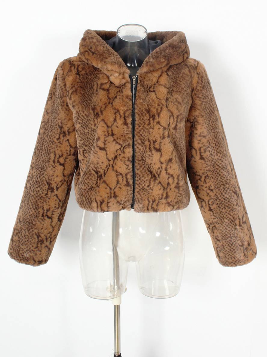 Levoire | Manteaux Courts En Faux Fur Léopard Avec Capuche Poches Manches Longues Femmes Vêtement Décontracté D'Hiver