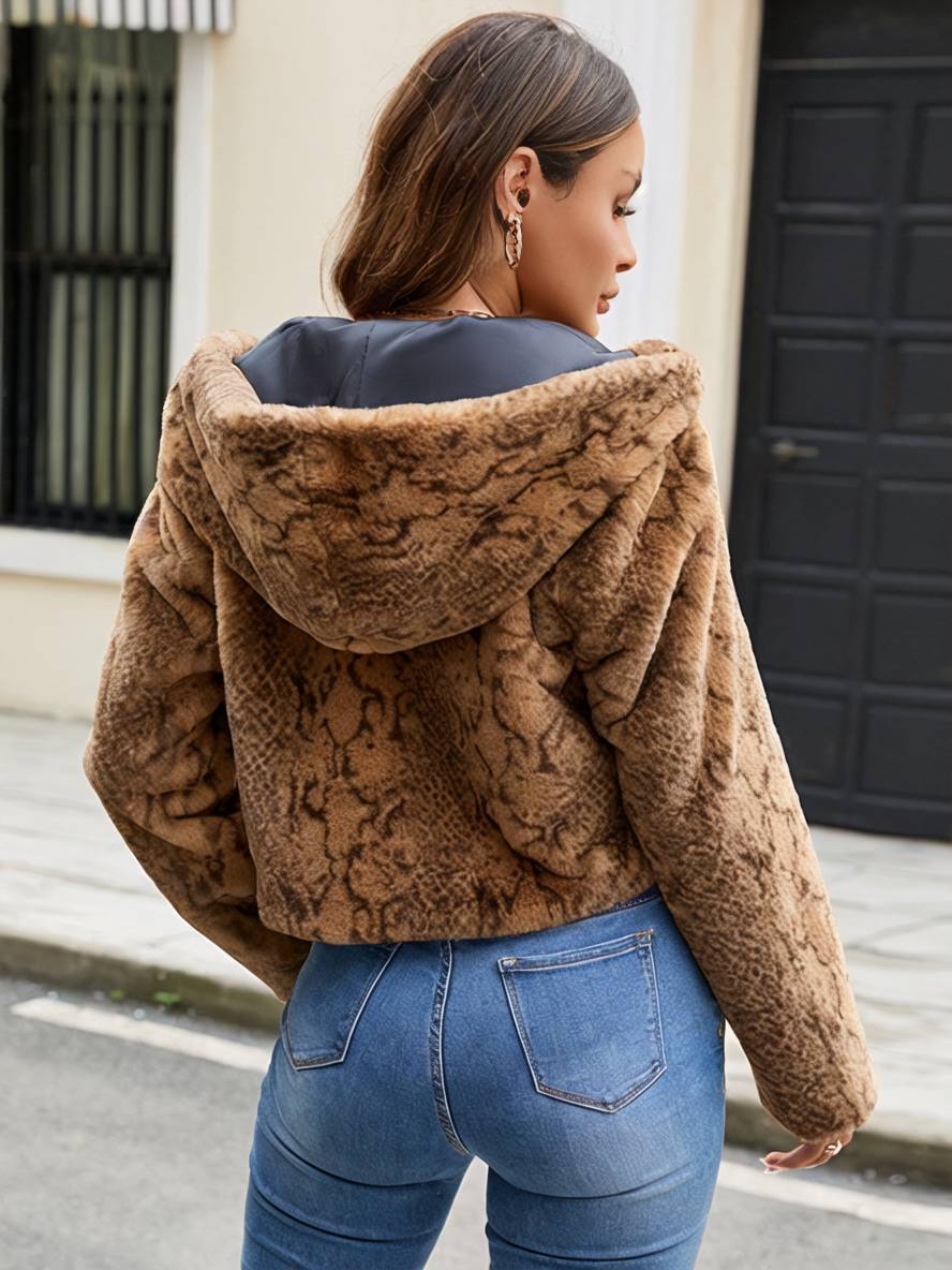 Levoire | Manteaux Courts En Faux Fur Léopard Avec Capuche Poches Manches Longues Femmes Vêtement Décontracté D'Hiver