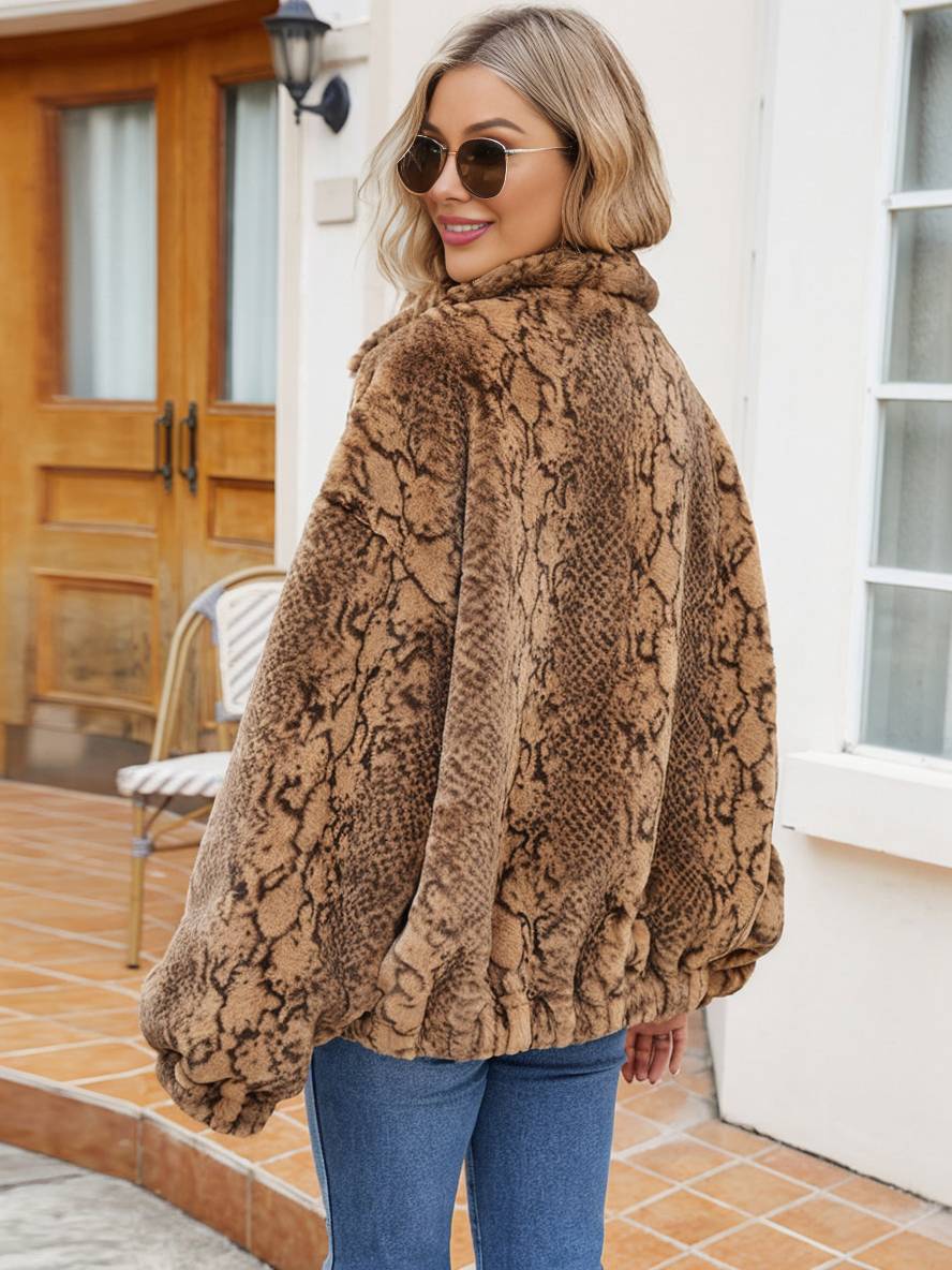 Levoire | Manteau Court En Fausse Fourrure Peau De Serpent Fermeture Éclair Col Montant Femme Veste D'Hiver Décontractée