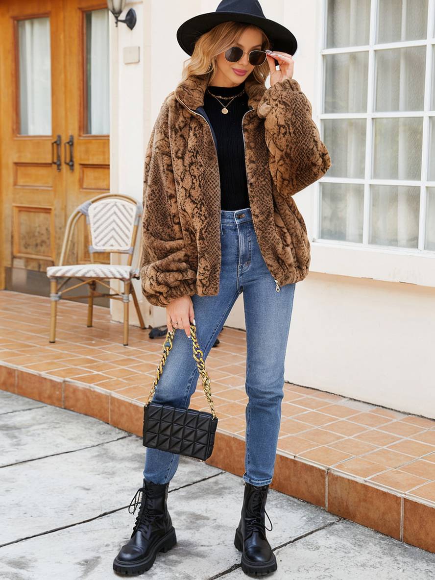 Levoire | Manteau Court En Fausse Fourrure Peau De Serpent Fermeture Éclair Col Montant Femme Veste D'Hiver Décontractée
