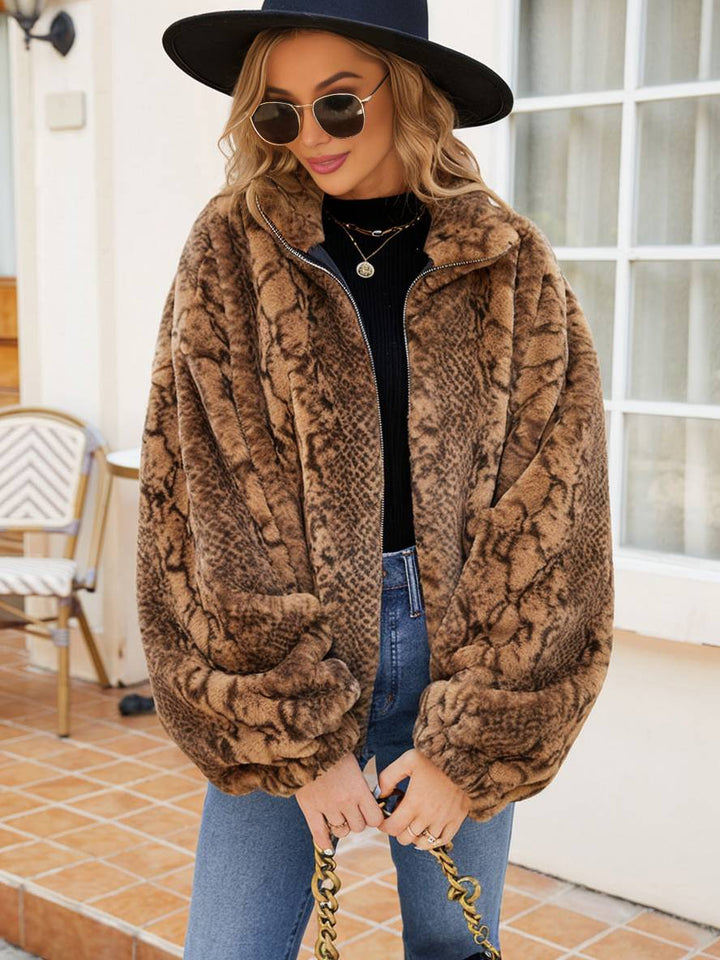 Levoire | Manteau Court En Fausse Fourrure Peau De Serpent Fermeture Éclair Col Montant Femme Veste D'Hiver Décontractée