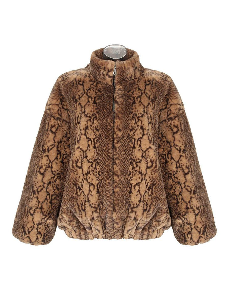 Levoire | Manteau Court En Fausse Fourrure Peau De Serpent Fermeture Éclair Col Montant Femme Veste D'Hiver Décontractée