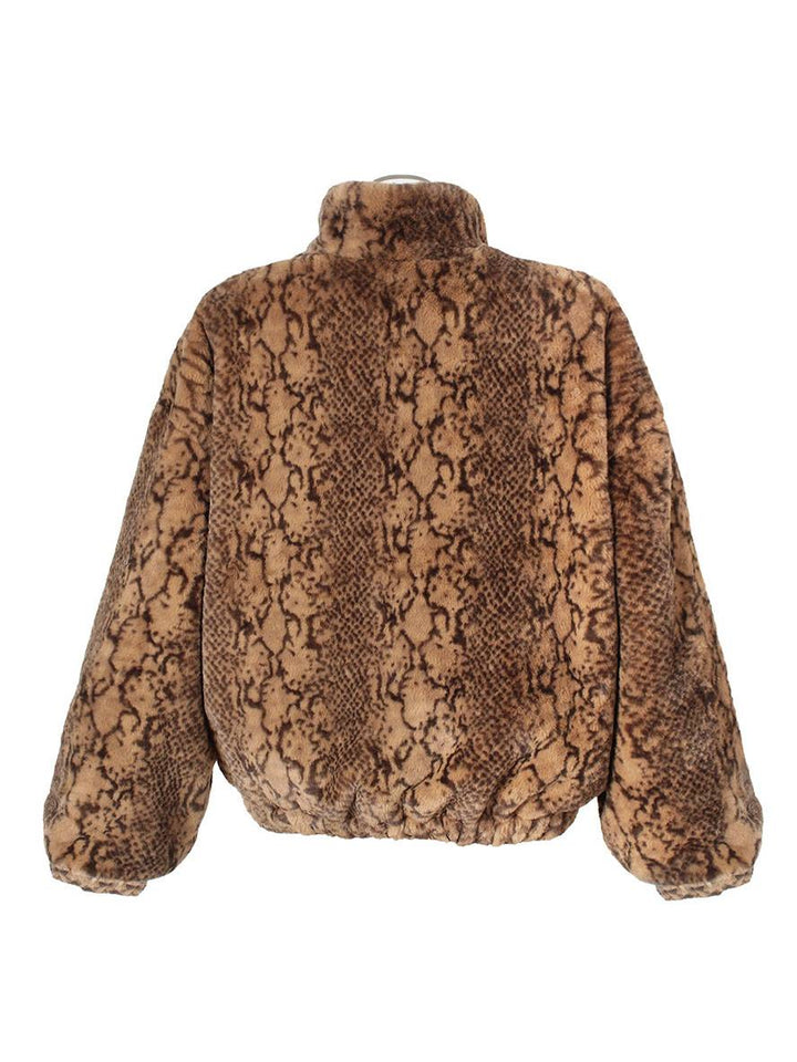 Levoire | Manteau Court En Fausse Fourrure Peau De Serpent Fermeture Éclair Col Montant Femme Veste D'Hiver Décontractée