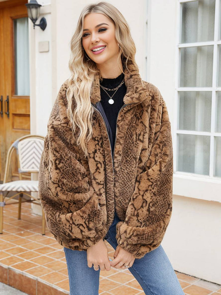Levoire | Manteau Court En Fausse Fourrure Peau De Serpent Fermeture Éclair Col Montant Femme Veste D'Hiver Décontractée