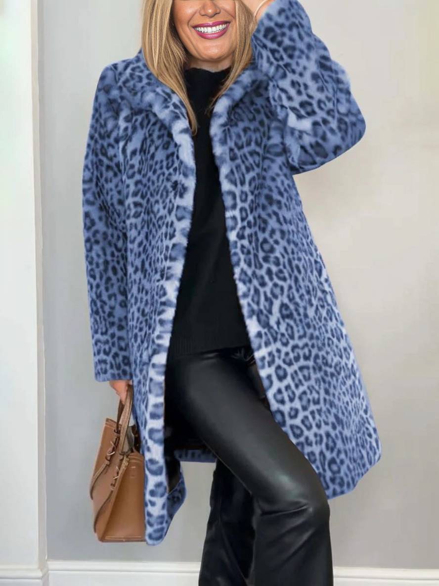 Levoire | Manteau Long En Fourrure Synthétique Léopard Col Haut Manches Longues Femme Mode Élégante Casual Manteau D'Hiver Bleu