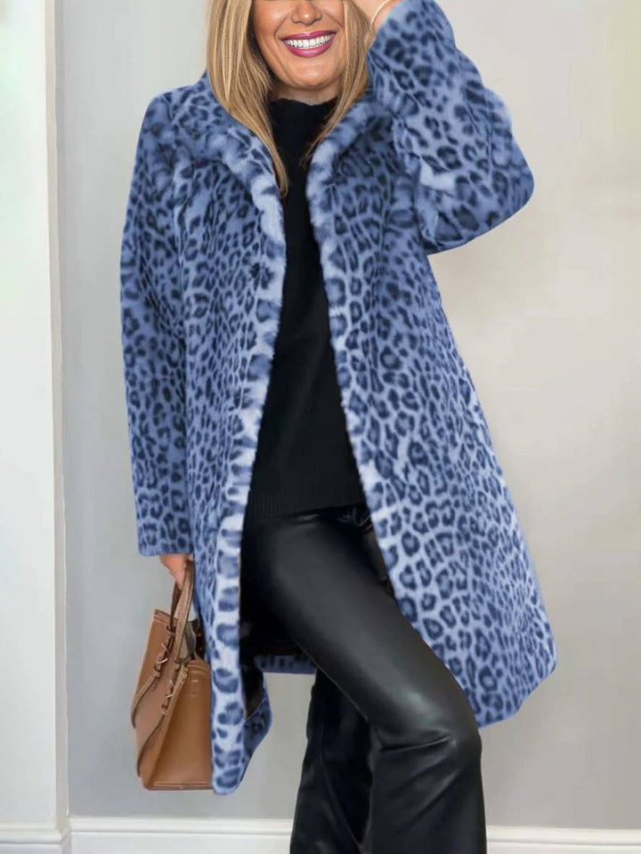 Levoire | Manteau Long En Fourrure Synthétique Léopard Col Haut Manches Longues Femme Mode Élégante Casual Manteau D'Hiver Bleu