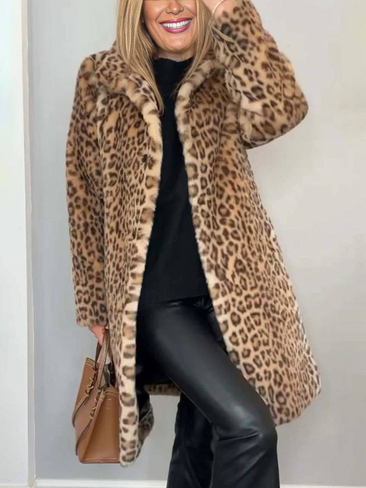 Levoire | Manteau Long En Fourrure Synthétique Léopard Col Haut Manches Longues Femme Mode Élégante Casual Manteau D'Hiver Khaki