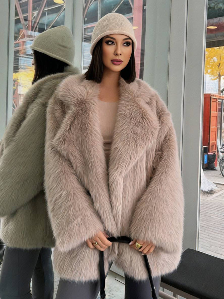 Levoire | Manteau D'Hiver Mi-Long En Fausse Fourrure Avec Col À Revers Manches Longues Femmes Élégant Décontracté Veste Ample Café