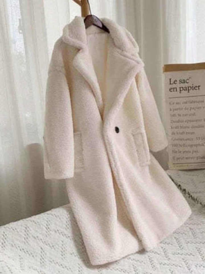 Levoire | Manteau Teddy Long Boutons Poches Cravate Revers Mode Femme Large Oversize Veste D'Hiver