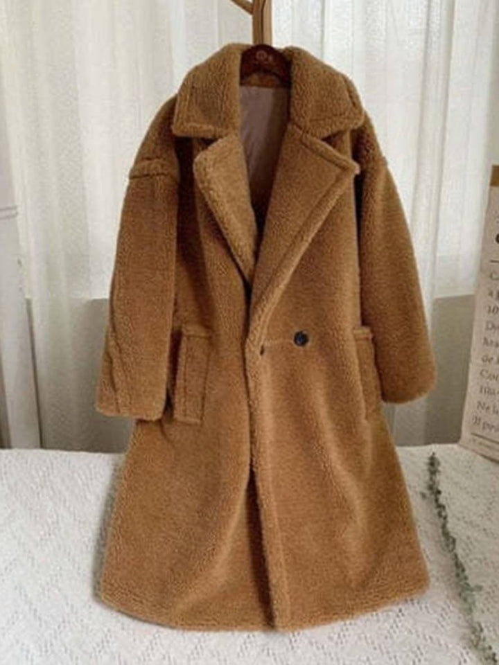 Levoire | Manteau Teddy Long Boutons Poches Cravate Revers Mode Femme Large Oversize Veste D'Hiver Chameau