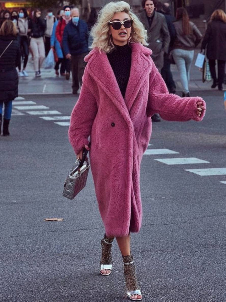 Levoire | Manteau Teddy Long Boutons Poches Cravate Revers Mode Femme Large Oversize Veste D'Hiver Rosa