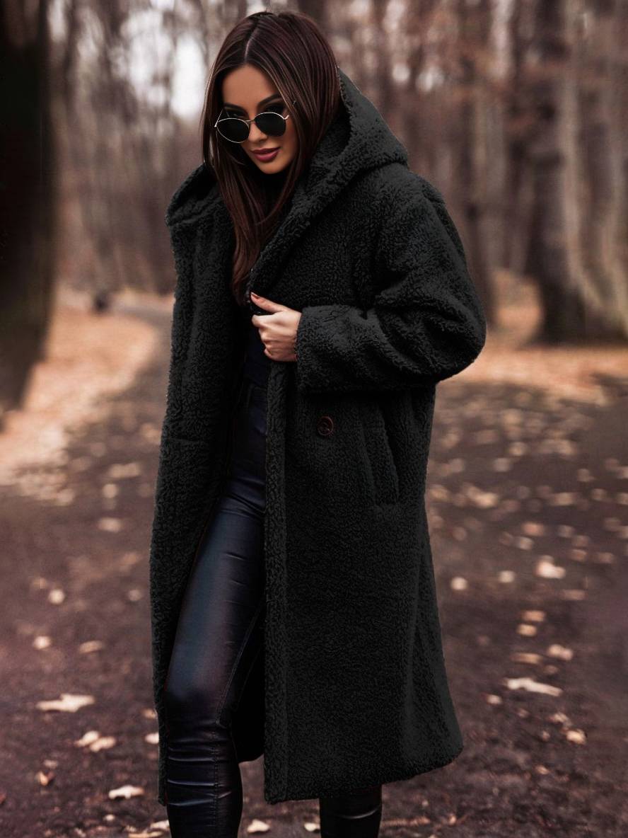 Levoire | Manteau Teddy Long Avec Capuche Boutons Unis Poches Manches Longues Femme Décontracté Oversize Hiver Noir