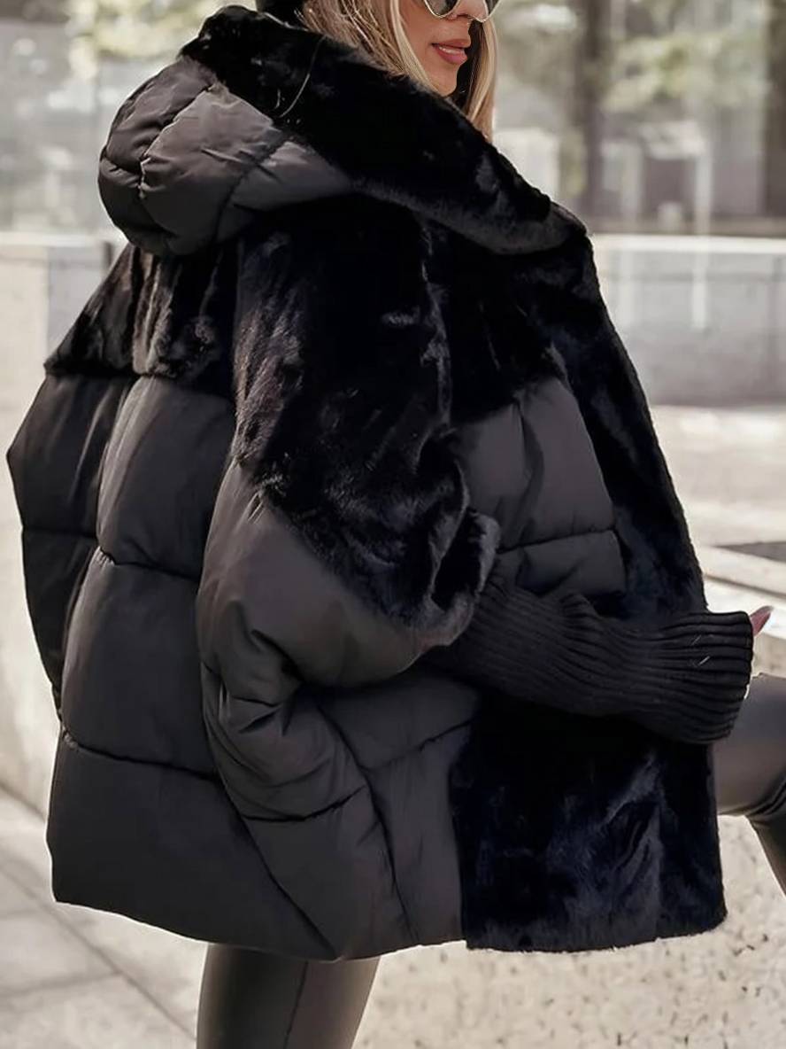 Levoire | Manteau En Duvet Mi-Long Avec Capuche, Fermeture Éclair, Poches, Manches Chauve-Souris Pour Femmes, Veste Décontractée Surdimensionnée