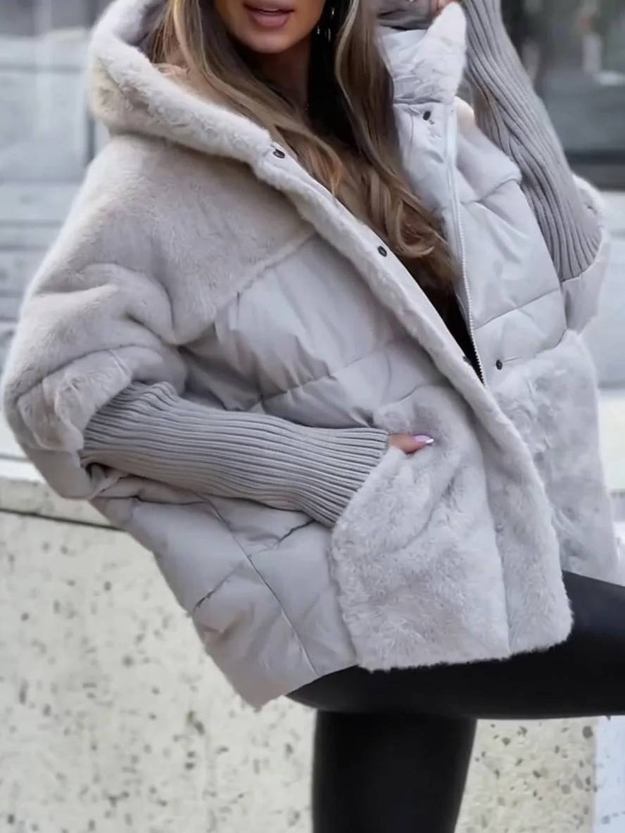 Levoire | Manteau En Duvet Mi-Long Avec Capuche, Fermeture Éclair, Poches, Manches Chauve-Souris Pour Femmes, Veste Décontractée Surdimensionnée