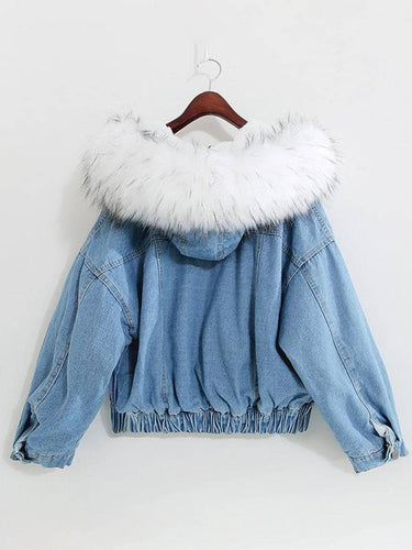 Levoire | Veste En Jean Belly Fausse Fourrure Doublée En Molleton Capuche Chic Manteau Femme Bleu