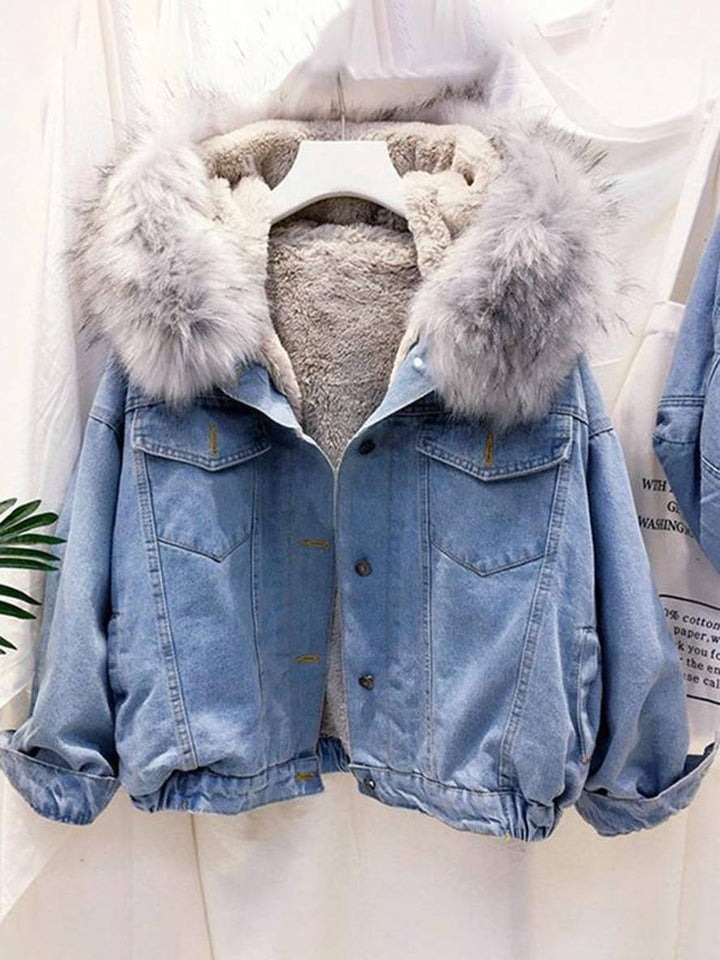 Levoire | Veste En Jean Belly Fausse Fourrure Doublée En Molleton Capuche Chic Manteau Femme Bleu Gris