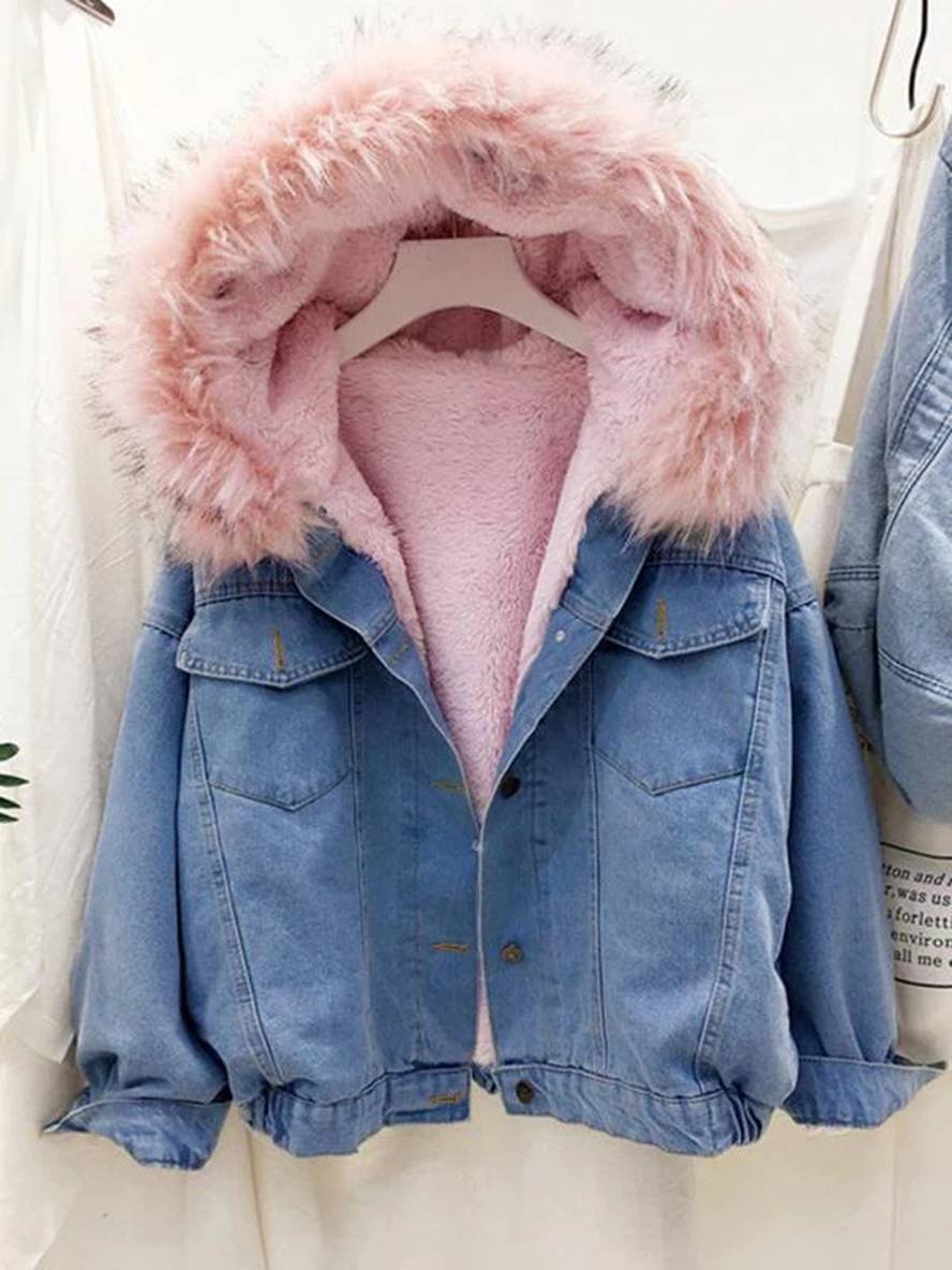 Levoire | Veste En Jean Belly Fausse Fourrure Doublée En Molleton Capuche Chic Manteau Femme Bleu Rosa