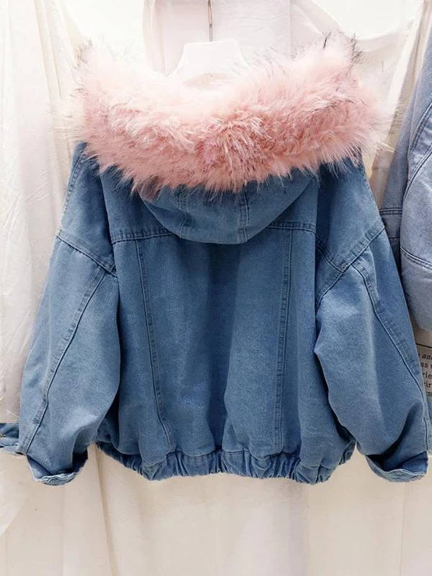 Levoire | Veste En Jean Belly Fausse Fourrure Doublée En Molleton Capuche Chic Manteau Femme Bleu