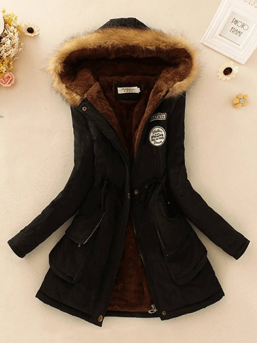 Levoire | Parker Mi-Long Doublure En Fourrure Avec Capuche Boutons Poches Fermeture Éclair Femmes Mode Décontractée Noir