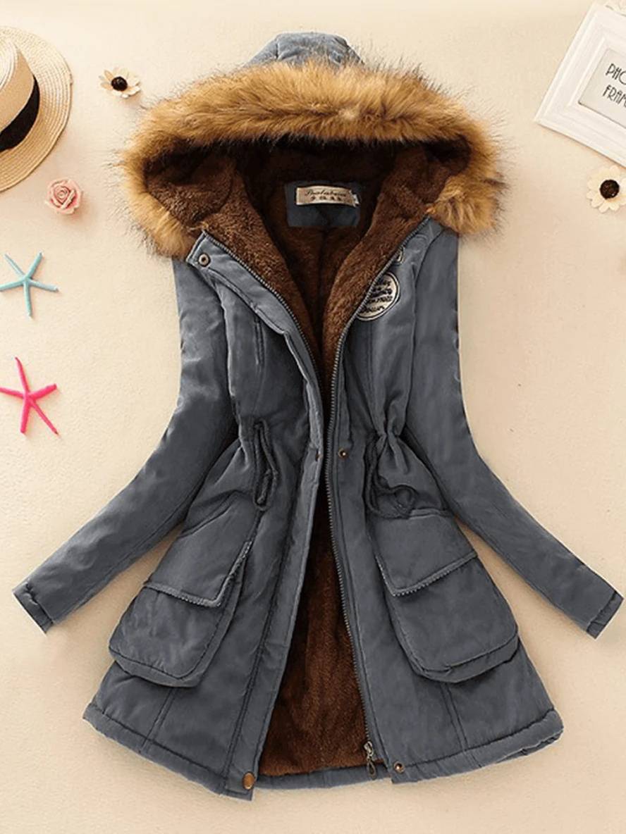 Levoire | Parker Mi-Long Doublure En Fourrure Avec Capuche Boutons Poches Fermeture Éclair Femmes Mode Décontractée Bleu