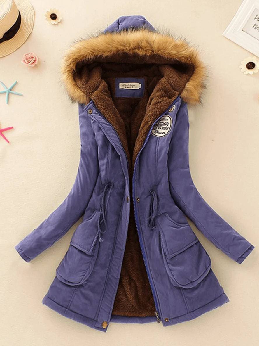 Levoire | Parker Mi-Long Doublure En Fourrure Avec Capuche Boutons Poches Fermeture Éclair Femmes Mode Décontractée Bleu saphir