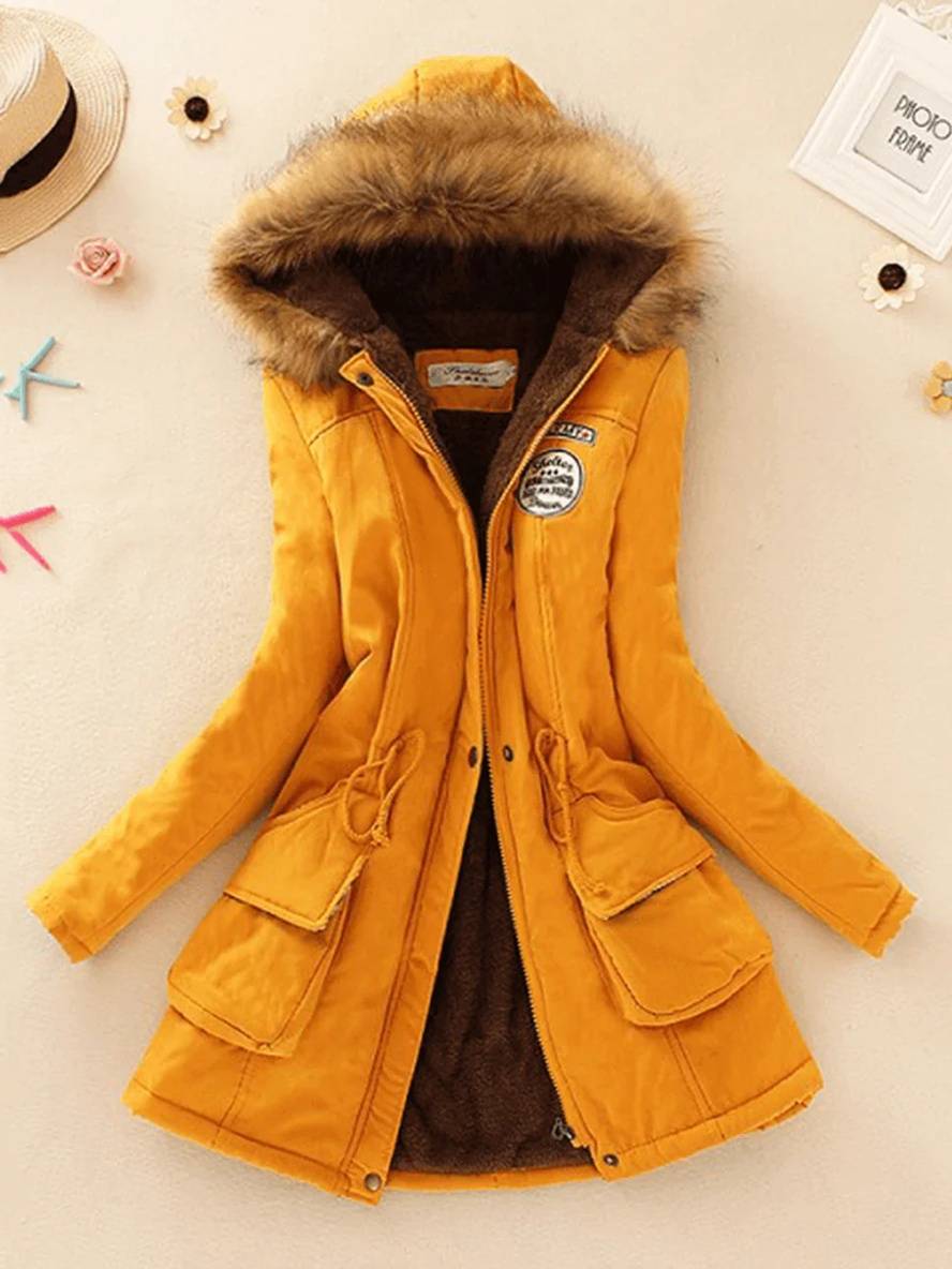 Levoire | Parker Mi-Long Doublure En Fourrure Avec Capuche Boutons Poches Fermeture Éclair Femmes Mode Décontractée Jaune