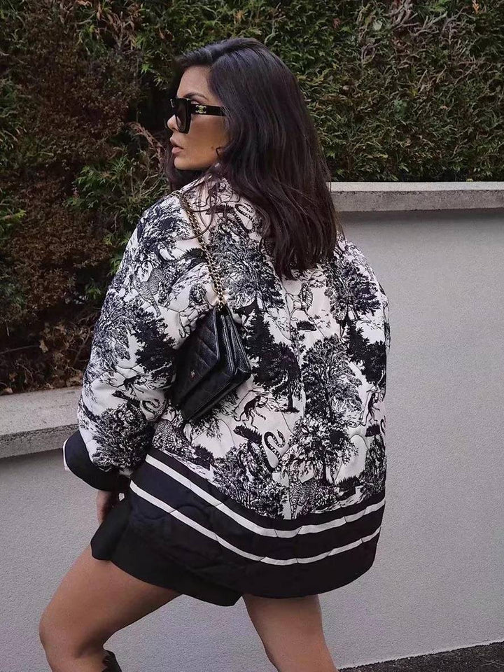 Levoire | Veste D'Hiver Courte Imprimée Avec Fleurs Poches Manches Longues Dames Oversized Décontracté Manteau