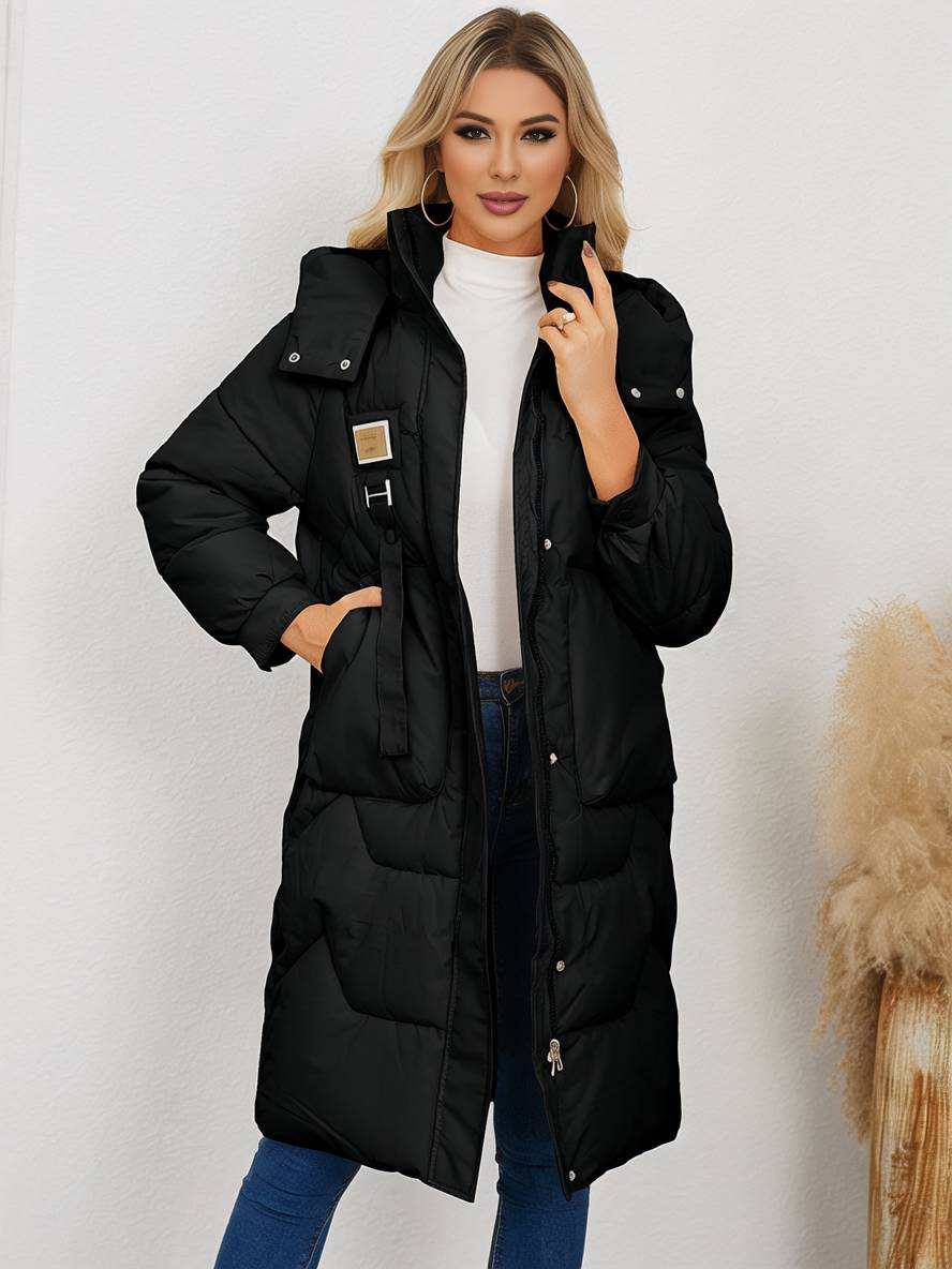 Levoire | Manteau Doudoune Uni Plus Long Avec Col Montant, Fermeture Éclair, Patte De Boutonnage, Poches Pour Femmes, Élégant, Décontracté, Veste Noir