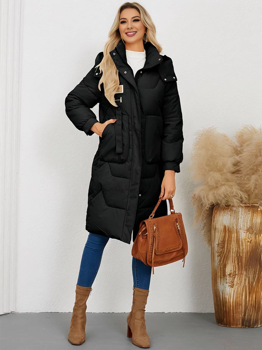 Levoire | Manteau Doudoune Uni Plus Long Avec Col Montant, Fermeture Éclair, Patte De Boutonnage, Poches Pour Femmes, Élégant, Décontracté, Veste