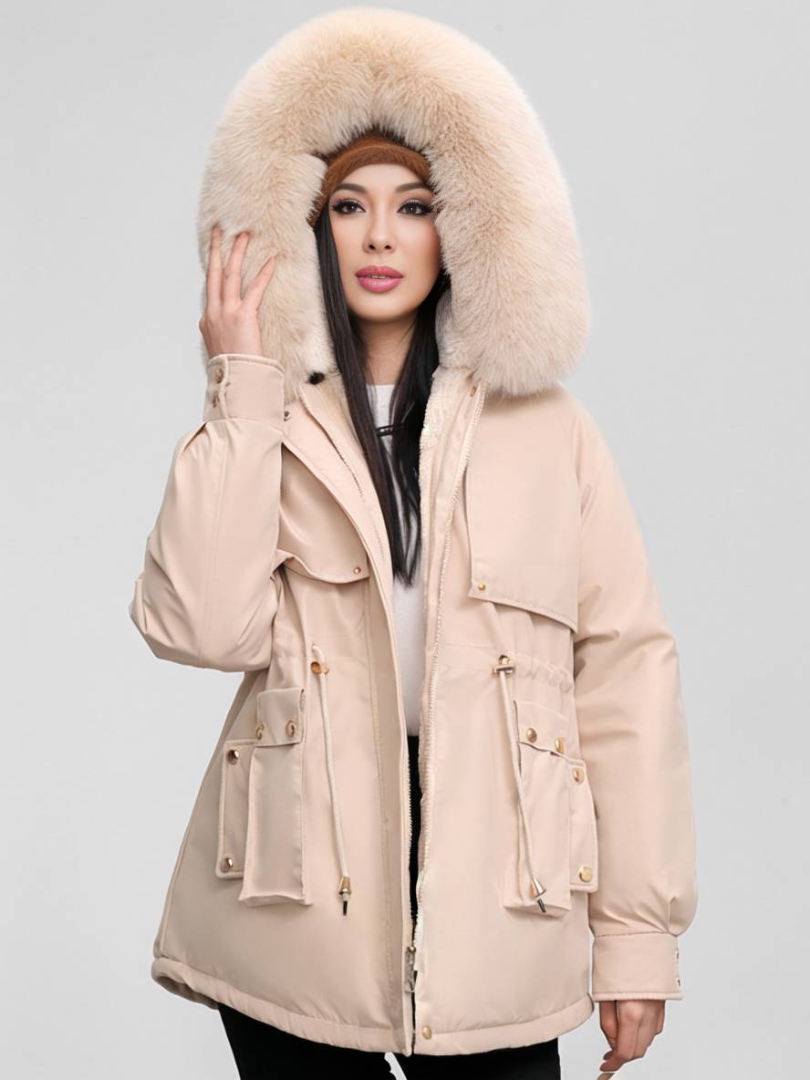 Levoire | Parka Moyen Avec Capuche Poches Fermeture Éclair Manches Longues Femme Décontracté Oversized Loisirs Hiver Doudoune Beige