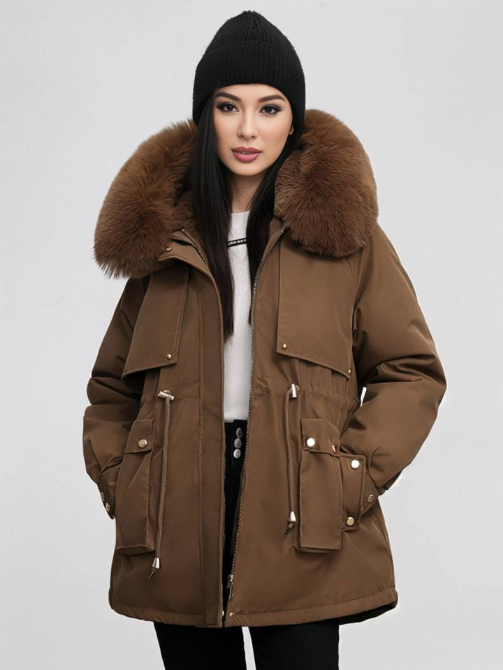 Levoire | Parka Moyen Avec Capuche Poches Fermeture Éclair Manches Longues Femme Décontracté Oversized Loisirs Hiver Doudoune Café